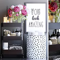 Stylish Bathroom Accessories With Organized Shelves Toiletries Decorative Flowers And Polka Dot Storage Bin