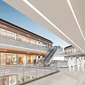 Spacious Shopping Mall Atrium Featuring Modern Design Escalators Storefronts Pedestrians and Bright Lighting