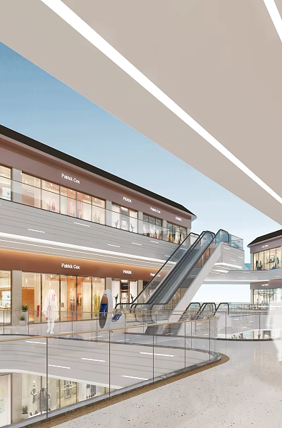 Spacious Shopping Mall Atrium Featuring Modern Design Escalators Storefronts Pedestrians and Bright Lighting 3d model