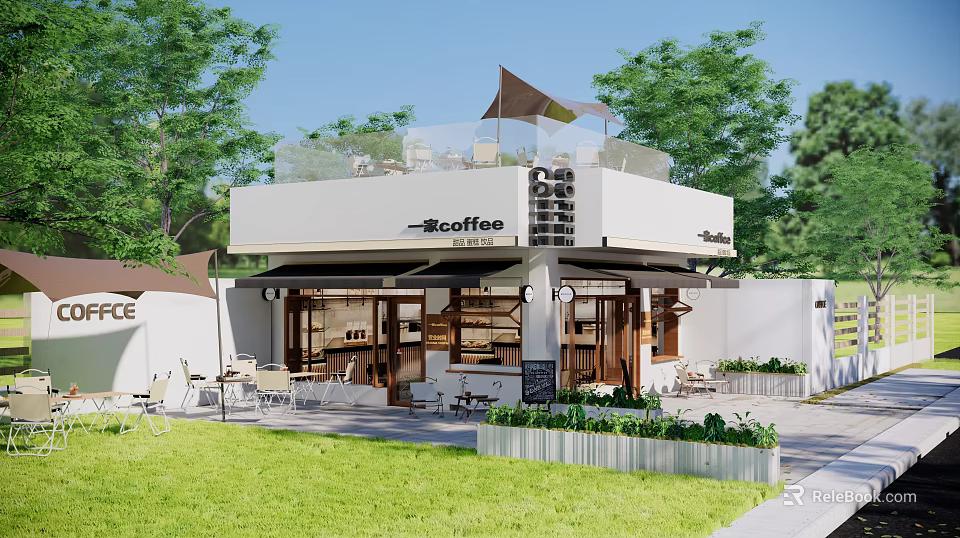Coffee Shop Storefront With White Exterior Awning Green Plants And Outdoor Seating 3d model 