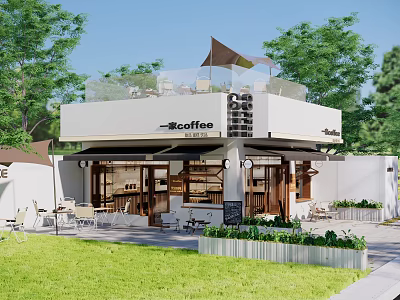 Coffee Shop Storefront With White Exterior Awning Green Plants And Outdoor Seating 3d model