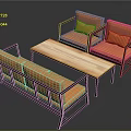 Orange Sofa And Armchairs With Black Frames And Wooden Coffee Table