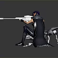 Sci Fi Game Character With Purple Hair Green Accents Cloak Mechanical Companion And Weapon
