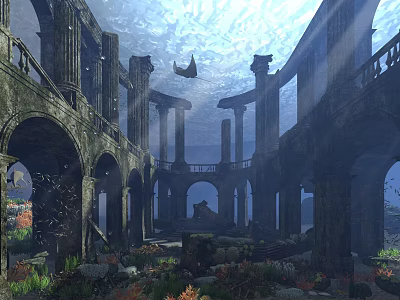 Underwater Ancient Ruins Landscape With Stone Columns Arches Corals Fish And Shining Light Rays 3d model