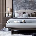Modern Background Double Bed Interior With Scenic Landscape Wall Art Lamps And Bench