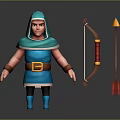 Man In Blue Hooded Cloak With Blue Boots Brown Belt Bow And Arrows
