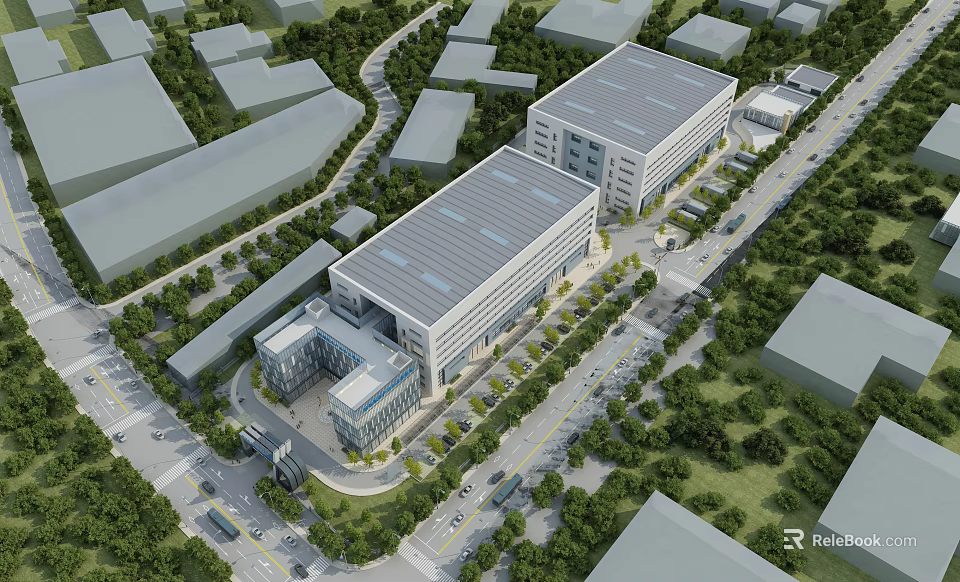 Modern Office Building Exterior Design With Landscaped Greenery Parking Areas And Roads 3d model 