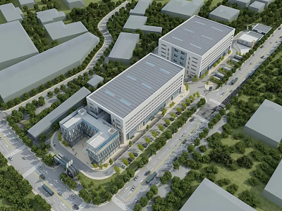 Modern Office Building Exterior Design With Landscaped Greenery Parking Areas And Roads 3d model