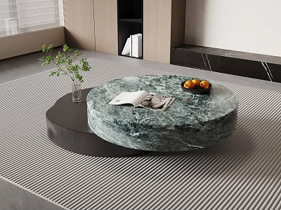 Round Green Marble Coffee Table With Oranges Book And Plant On Modern Rug 3d model
