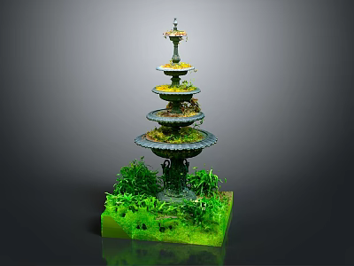 Detailed Small Decorative Multi Tiered Garden Fountain Model With Green Grass Landscape Base 3d model