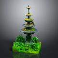 Detailed Small Decorative Multi Tiered Garden Fountain Model With Green Grass Landscape Base