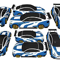 BMW Sports Car Blue White Sporty Design Multiple Angles View Rear Spoiler And Alloy Wheels