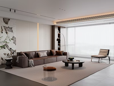 Modern Living Room Interior With Brown Sofa Coffee Table Rug And Floor to Ceiling Windows 3d model