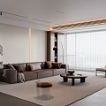 Modern Living Room Interior With Brown Sofa Coffee Table Rug And Floor to Ceiling Windows
