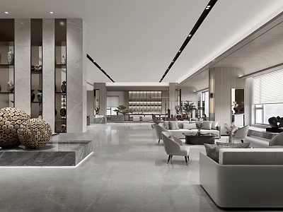 Modern Elegant Office Lobby Interior With Spacious Layout Marble Flooring And Floor to Ceiling Windows 3d model