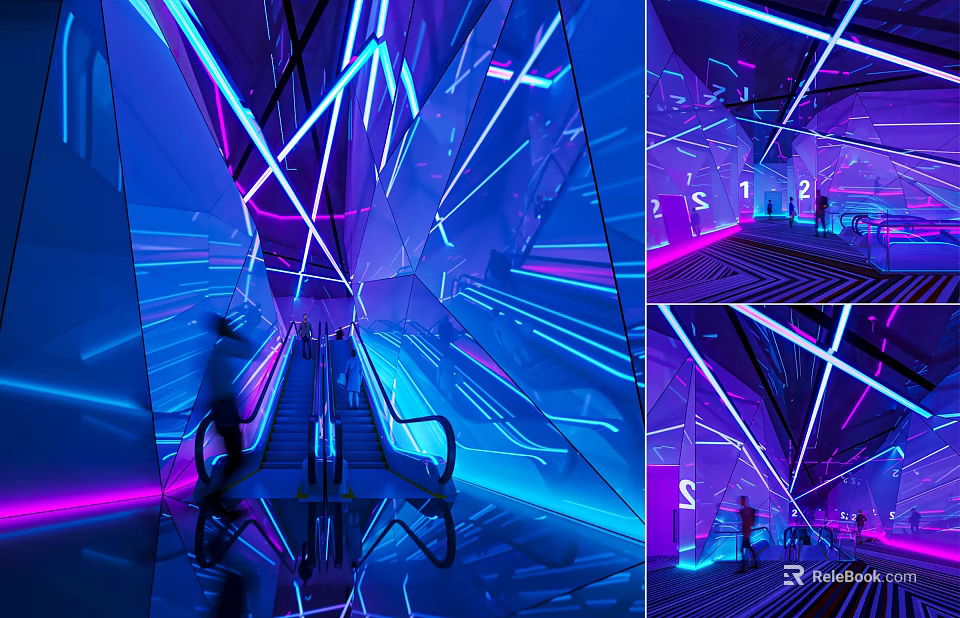 Elevator Corridor With Neon Blue And Pink Lights And Geometric Lines Design 3d model 