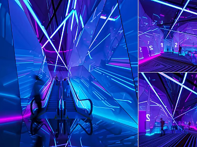 Elevator Corridor With Neon Blue And Pink Lights And Geometric Lines Design 3d model