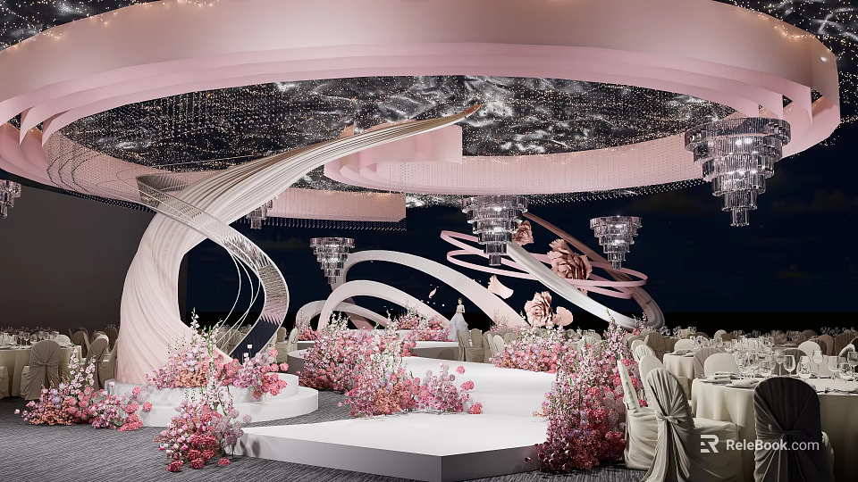 Elegant Modern Wedding Banquet Hall With Pink Flowers Curved Decor Crystal Chandeliers And White Tables 3d model 