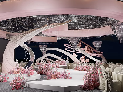 Elegant Modern Wedding Banquet Hall With Pink Flowers Curved Decor Crystal Chandeliers And White Tables 3d model