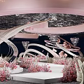 Elegant Modern Wedding Banquet Hall With Pink Flowers Curved Decor Crystal Chandeliers And White Tables