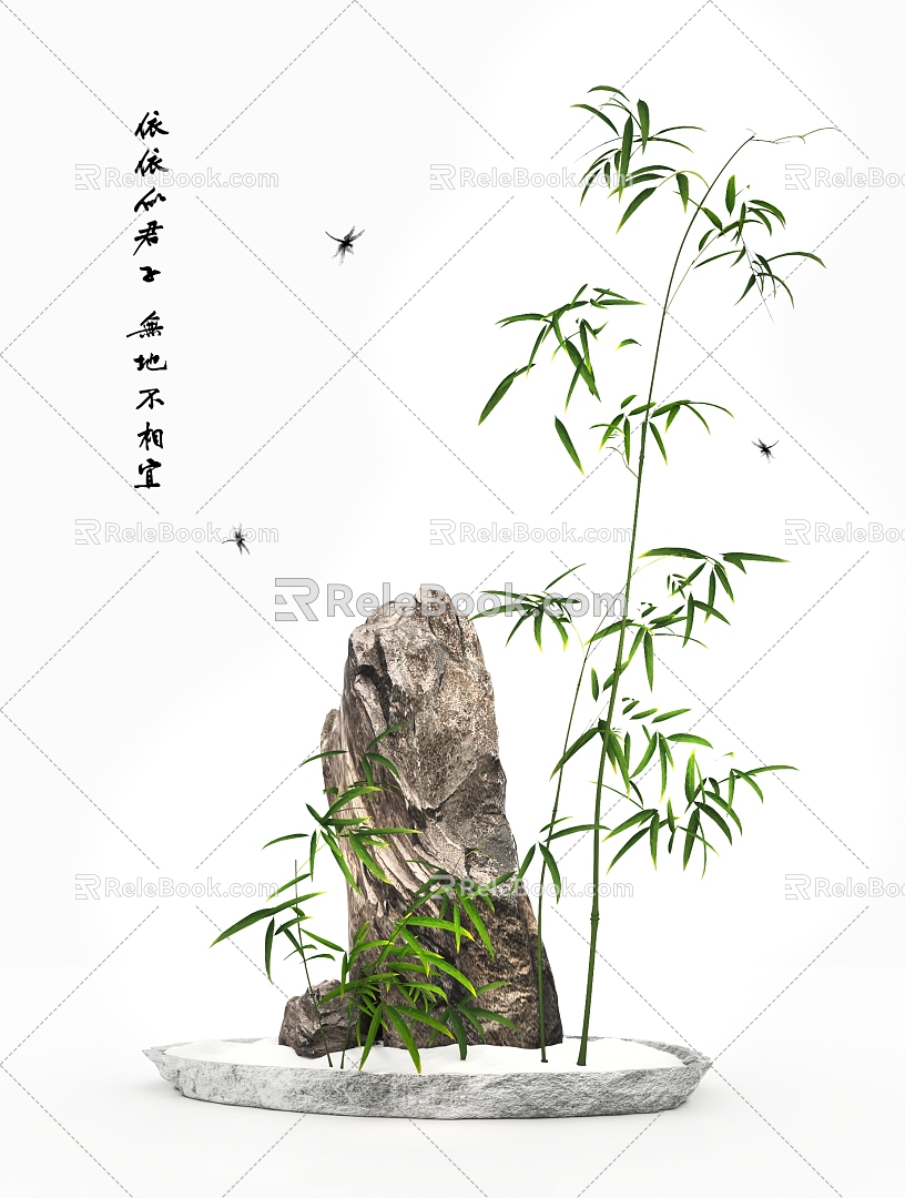 Bamboo Zen artistic conception mountain stone bamboo forest dragonfly bonsai landscape 3d model