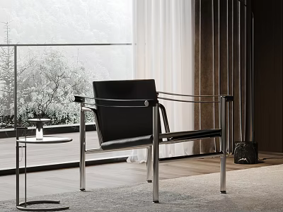 Black Leather Leisure Chair With Metal Frame And Side Table By Window Overlooking Mountain View 3d model