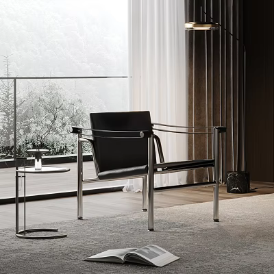 Black Leather Leisure Chair With Metal Frame And Side Table By Window Overlooking Mountain View 3d model
