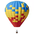 Vibrant Blue Yellow Red Checkerboard Pattern Hot Air Balloon in Flight