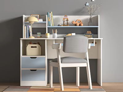White Desk With Gray Chair Bookshelf Books Lamp Decorations And Colored Drawers On Rug 3d model