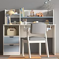 White Desk With Gray Chair Bookshelf Books Lamp Decorations And Colored Drawers On Rug