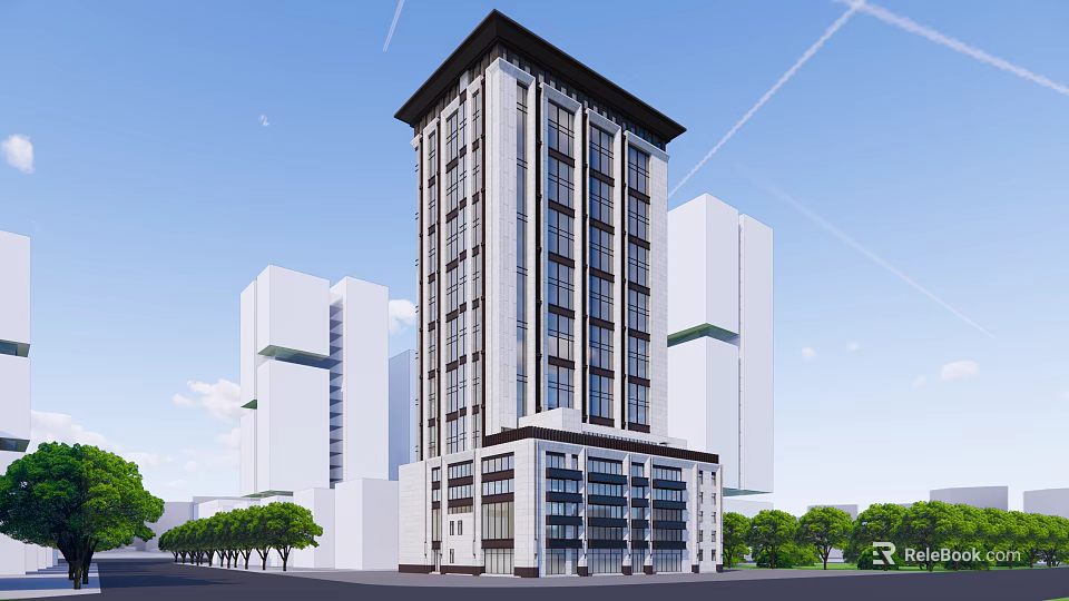 Modern High Rise Office Building Featuring Glass Facade And Green Tree Surroundings 3d model