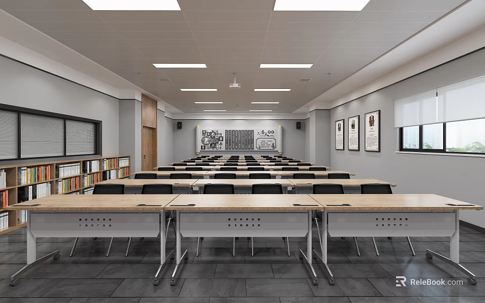 School Modern Classroom Interior With Spacious Layout Tables Chairs Bookshelves Lights And Windows 3d model 