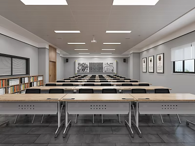School Modern Classroom Interior With Spacious Layout Tables Chairs Bookshelves Lights And Windows 3d model