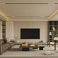 Modern Living Room With Leather Sofa TV Wooden Coffee Table And Bookshelves