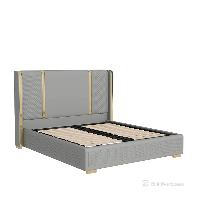Gray Double Bed With Upholstered Headboard And Gold Accent Strips Modern Design Wooden Slats 3d model 