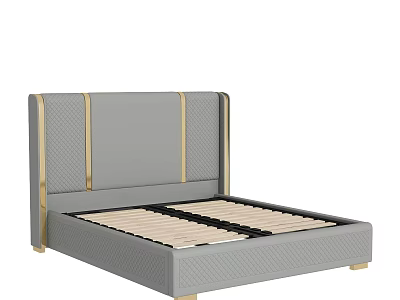 Gray Double Bed With Upholstered Headboard And Gold Accent Strips Modern Design Wooden Slats 3d model