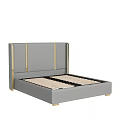 Gray Double Bed With Upholstered Headboard And Gold Accent Strips Modern Design Wooden Slats
