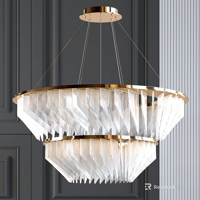Modern Double Layer Chandelier With Golden Frame And Crystal Pendant Against Dark Vertical Panel Wall 3d model 