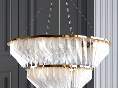 Modern Double Layer Chandelier With Golden Frame And Crystal Pendant Against Dark Vertical Panel Wall 3d model