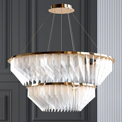 Modern Double Layer Chandelier With Golden Frame And Crystal Pendant Against Dark Vertical Panel Wall 3d model
