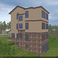 Detached Villa Exterior Design With Stone Walls Glass Windows Balcony Lawn And Trees