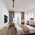 Modern Apartment Living Room With Gray Sofa TV Stand Chandelier Staircase And Large Decorative Painting