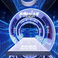 Futuristic Tech Tunnel With Illuminated Blue Lines And Digital Numbers On White Platform
