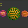 Three Spheres With Orange Dots Black Grid Larger Center Smaller Sides Gray Background And Reflection 3d model