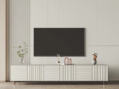 Modern White TV Stand With Wall Mounted TV And Decorative Vases In Living Room 3d model