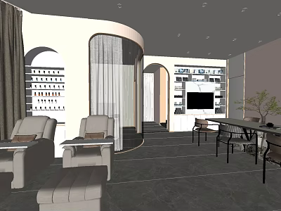 Modern Store Interior With Comfortable Sofa Display Shelves TV And Tables 3d model