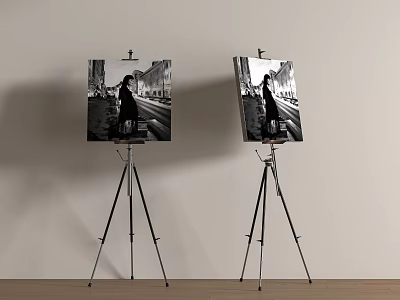 Art Supplies Easels Holding City Night Paintings With Figure Silhouettes On White Walls Wooden Floors 3d model