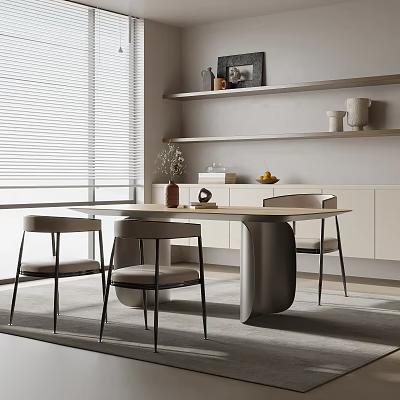 Modern Dining Table Set with Four Chairs Wall Shelves and Natural Light 3d model