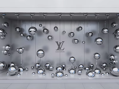Luxury Showcase with Silver Spheres Hanging and Placed Around LV Logo on Wall 3d model