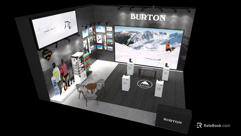 BURTON Snowboarding Exhibition Booth With Large Screen Snow Mountain Snowboarder Display Shelves And Gear 3d model 